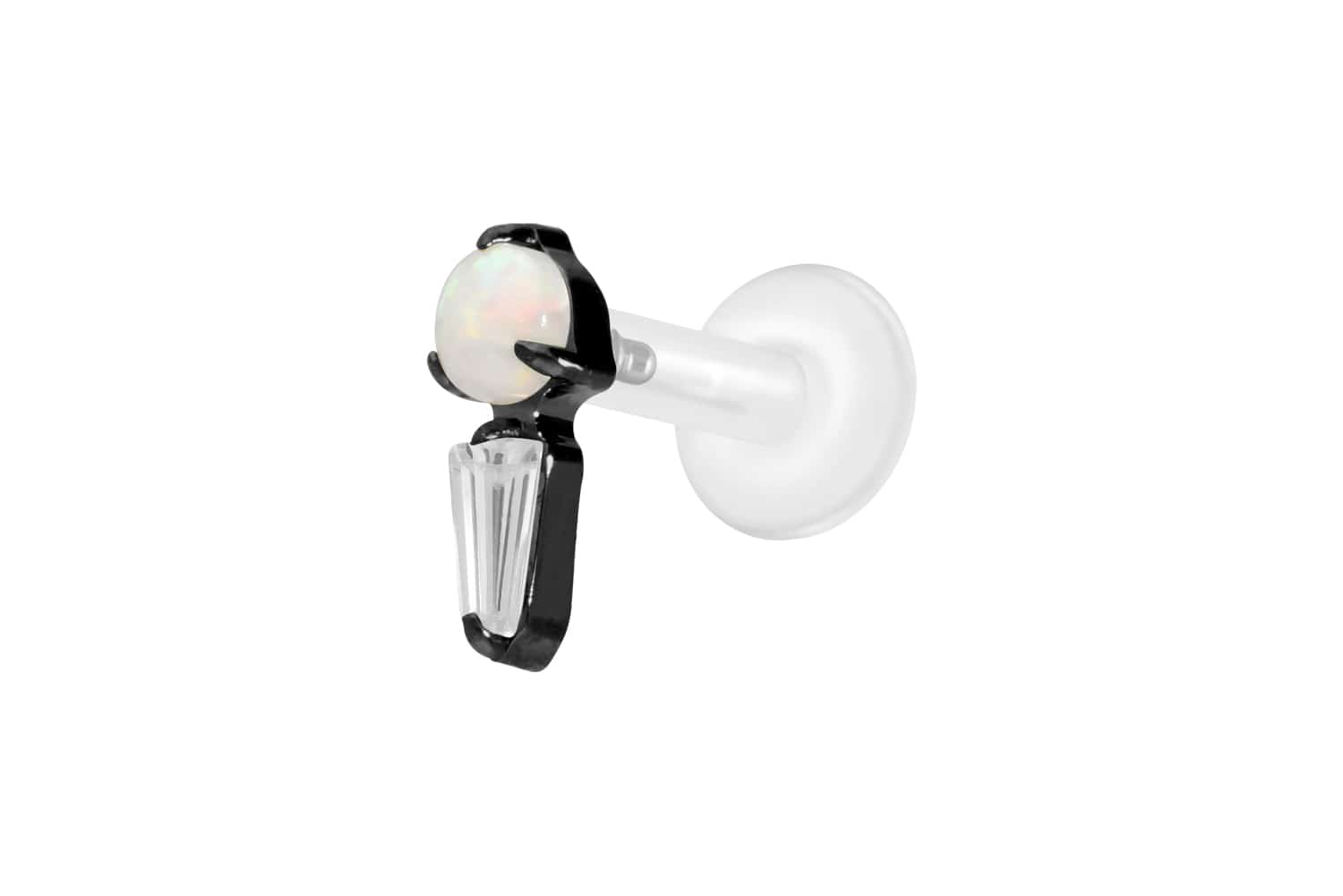 PTFE Labret Piercing mit Innengewinde + Titan-Aufsatz SYNTHETISCHER OPAL + KRISTALLRECHTECK
